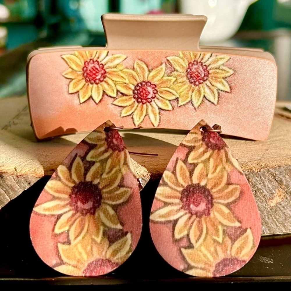 South Western Floral Hair Claw Clip Accessory & Earrings Sunflower Duo Set